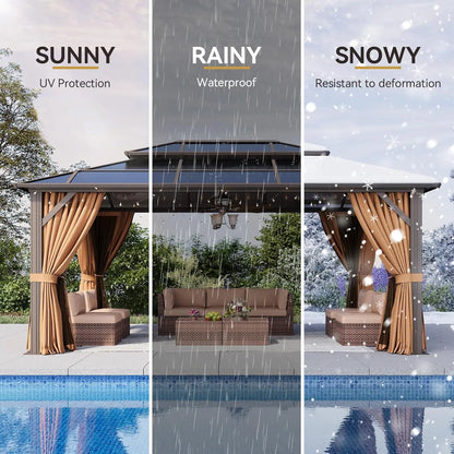 12'x16' Hardtop Gazebo, Outdoor Metal Gazebo with Double Polycarbonate Roof Canopy, Permanent Pavilion with Netting, Customized to Your Liking