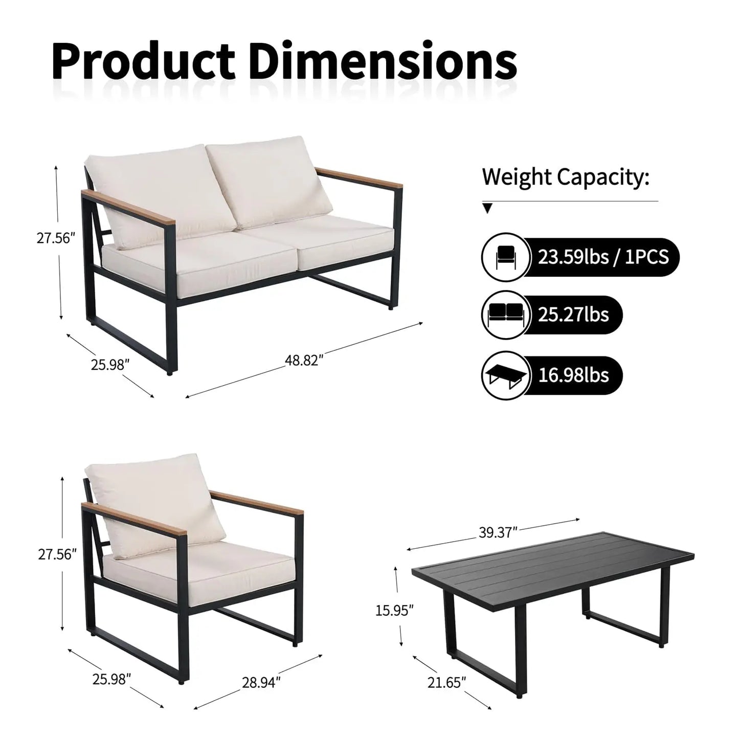 4-Piece Outdoor Patio Set, Metal Conversation Sofa with Washable Cushions, 2 Chairs & Coffee Table for Garden & Balcony