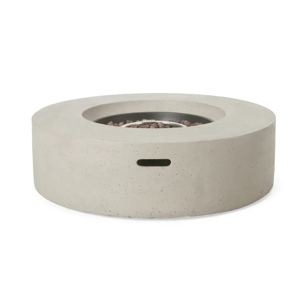 M138 Round Outdoor Concrete Propane Fire Pit-Modern Light Grey for Patio- Garden and Backyard. No Assembly Needed for Camping