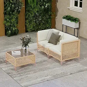 Outdoor Wicker Patio Furniture Set, Boho Sectional Conversation Sofa with Large Tempered Glass Coffee Table