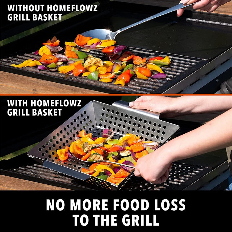 Stainless Steel Grill Basket for Vegetables – Large BBQ Grilling Basket for Charcoal & Gas Grills