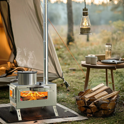 Heavy-Duty Portable Stainless Steel Wood Burning Tent Stove with 7 Chimney Pipes for Outdoor Camping & Heating