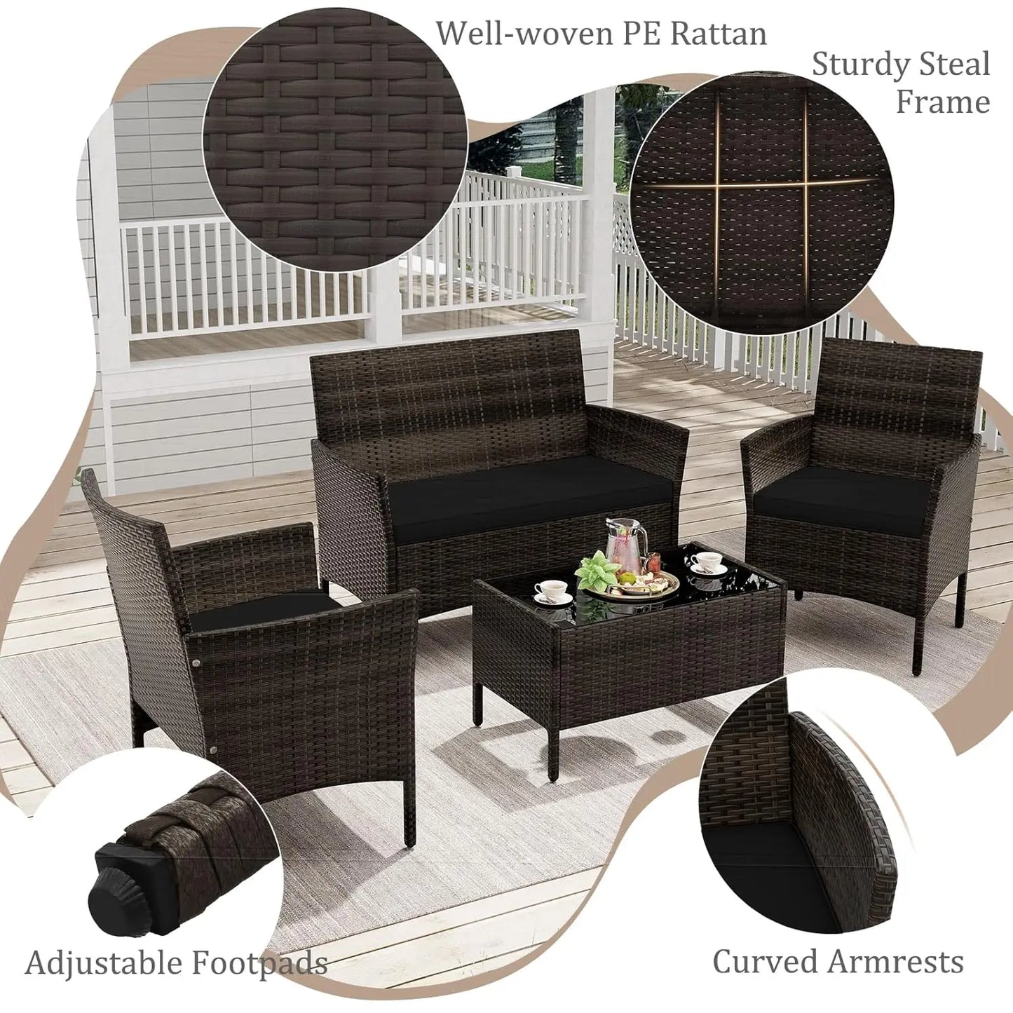 4-Piece Outdoor Rattan Patio Set – Conversation Set with Loveseat, Wicker Chairs & Tempered Glass Coffee Table