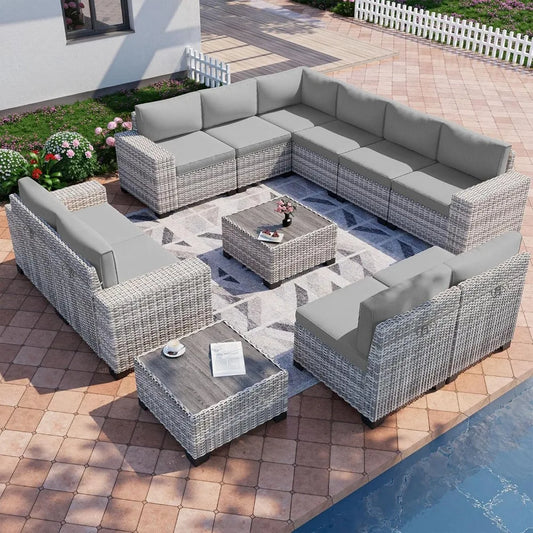 12-Piece Outdoor Wicker Patio Furniture Set, Sectional Sofa Conversation Set with Thick Cushions & Side Table