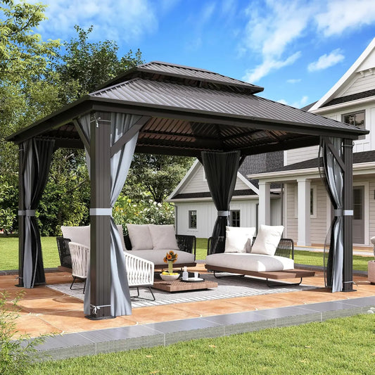 10 X 12ft Hardtop Gazebo, Galvanized Steel Double Roof Gazebo with Nettings and Curtains, Outdoor Aluminum, Customization Available to Your Liking.