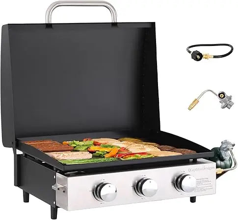 22-Inch Portable Tabletop Griddle with Hood and Ceramic Coated Cast Iron Plate, 3 Burner Flat Top Griddle, Propane Gas, BBQ Griddle.