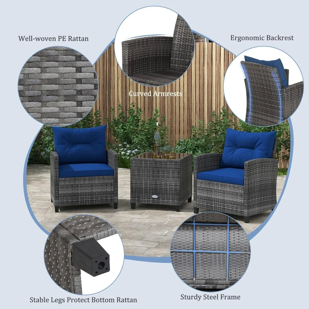 3-Piece PE Rattan Patio Set – Outdoor Conversation Chairs with Washable Cushions & Tempered Glass Tabletop