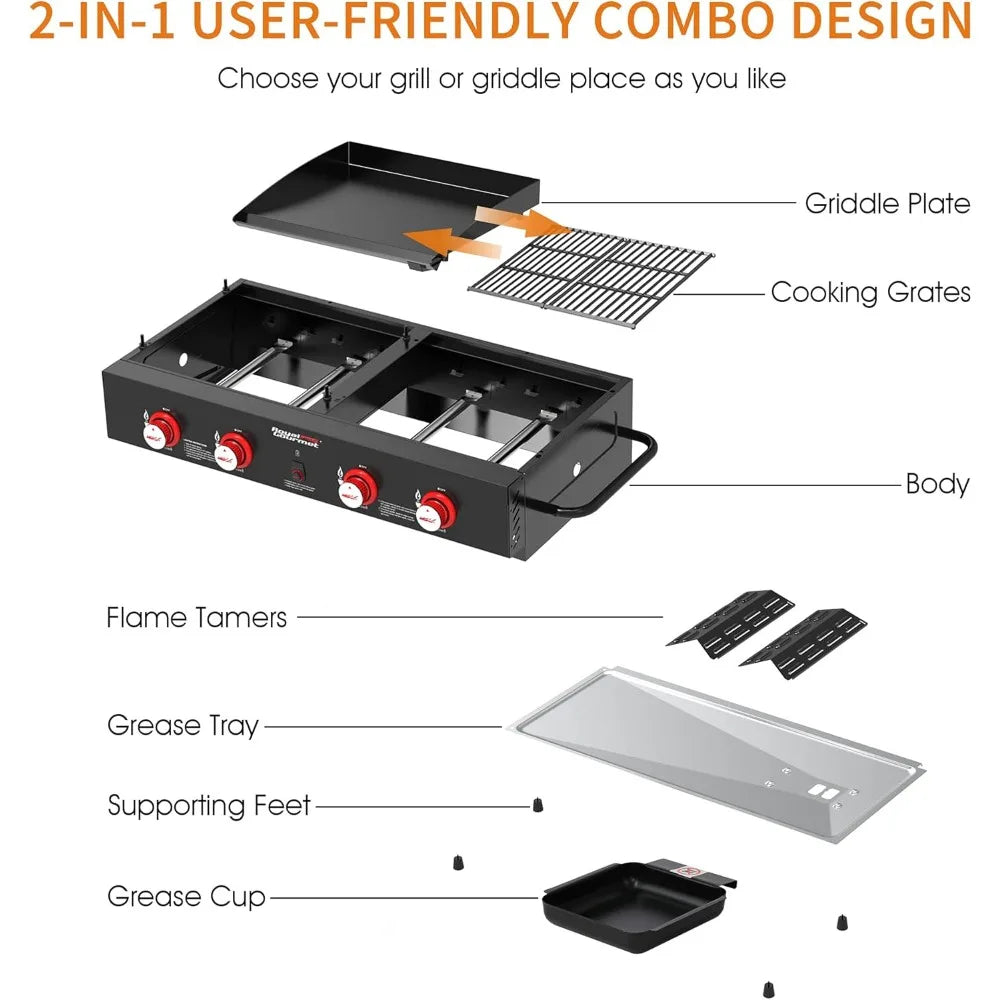GD4002T 4-Burner Tailgater Grill and Griddle Combo, Portable Flat Top Propane Gas Grill with 40,000 BTUs Output for Backyard or Camping.