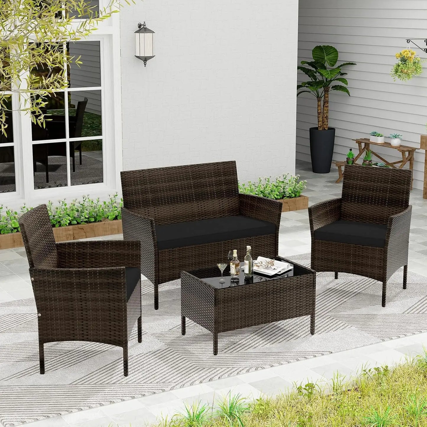 4-Piece Outdoor Rattan Patio Set – Conversation Set with Loveseat, Wicker Chairs & Tempered Glass Coffee Table