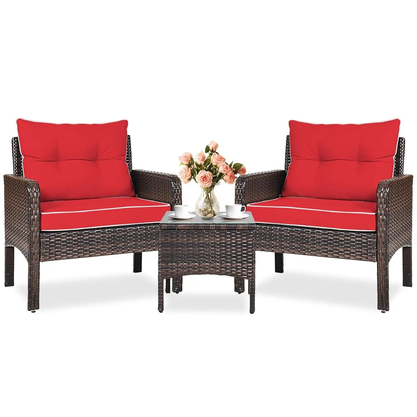 3-Piece Outdoor PE Rattan Bistro Set with Cushions, All-Weather Design