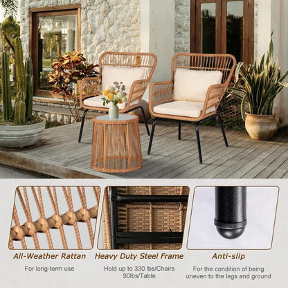3-Piece Outdoor Wicker Bistro Set, 2 Rattan Chairs with Tempered Glass Table