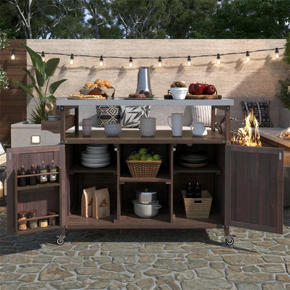 Portable Bar Tables- Outdoor Grill Prep Table with Storage- Tabletop Spice Rack- Internal Storage Racks- 4 Locking Mobile Wheels