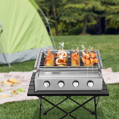 Stainless Steel Smokeless Barbecue Grill, 4 Burners, Outdoor Grill, Portable BBQ LPG Gas Removable Grill for Patio Garden.