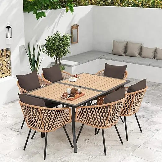 All-Weather Rattan Patio Dining Set with 60" Wood Tabletop, Cushions & Umbrella Hole (5/7/9-Piece)