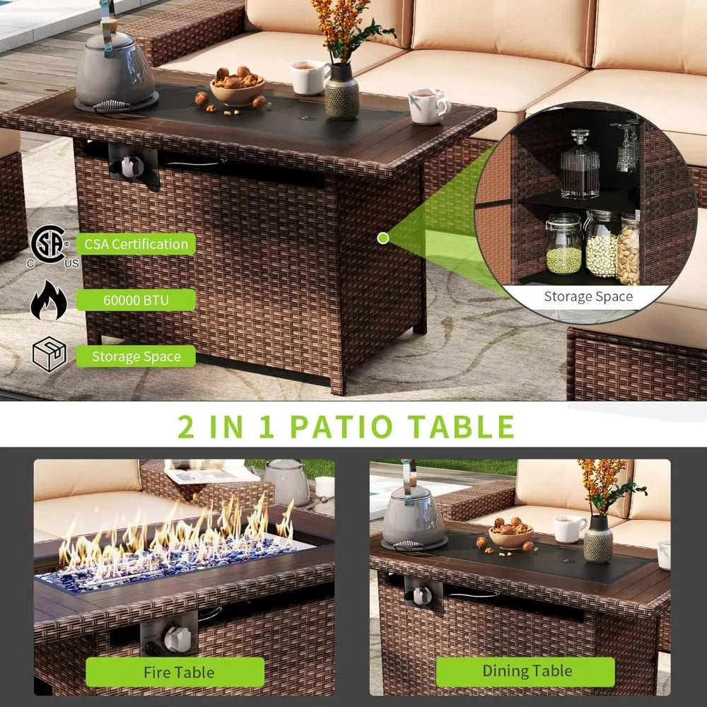 7-Piece Outdoor Patio Furniture Set, Wicker Conversation Set with 44" Fire Pit Table, Thick Cushions