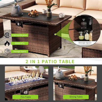 7-Piece Outdoor Patio Furniture Set, Wicker Conversation Set with 44" Fire Pit Table, Thick Cushions