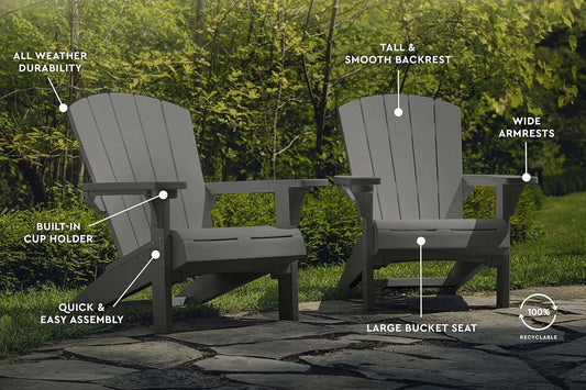 Alpine Adirondack Resin Patio Chairs, 2-Pack, Outdoor Furniture with Cup Holder, Ideal for Beach, Pool & Fire Pit