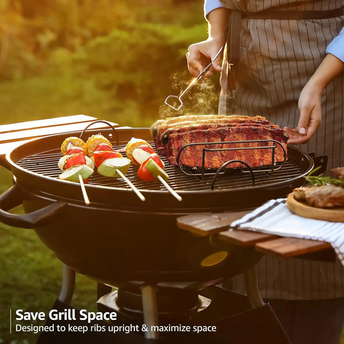 BBQ Rib Rack for Grill – Non-Stick Steel Roasting Stand Holds 4 Ribs