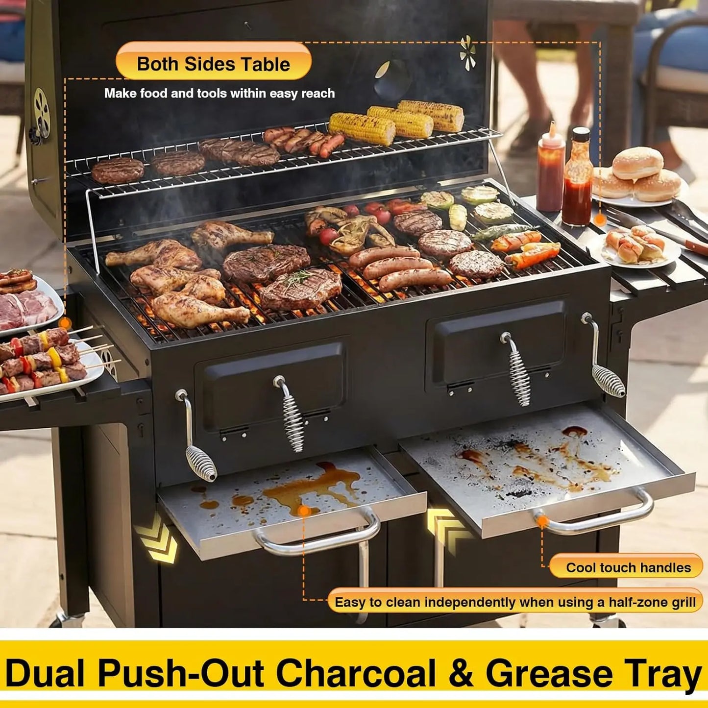 63" Charcoal BBQ Grill & Smoker with Dual Lifting Charcoal Trays