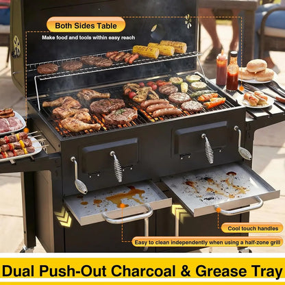 63" Charcoal BBQ Grill & Smoker with Dual Lifting Charcoal Trays