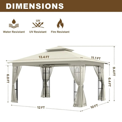 10' x 12' Outdoor Soft-Top Gazebo with Double Roof, Netting & All-Weather Design