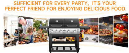 Gas Grill & Flat-Top Griddle Combo, 54,000 BTU Dual Cooking System, 5-Burner Grill Stove, Stainless Steel Panel for Outdoor Cooking.