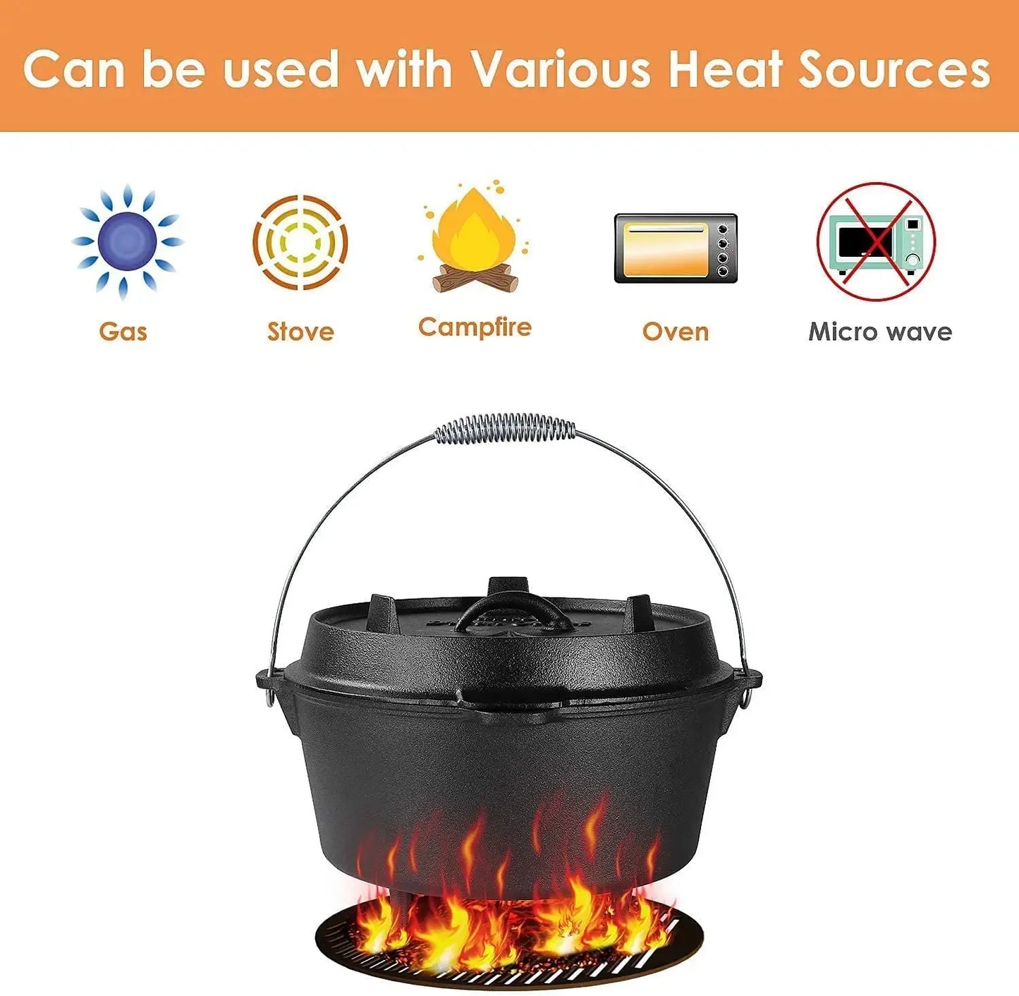 Cast Iron Dutch Oven (5/9/12.5 Qt) – Outdoor Camping Pot for Stew, Soup, BBQ & Picnic Cooking