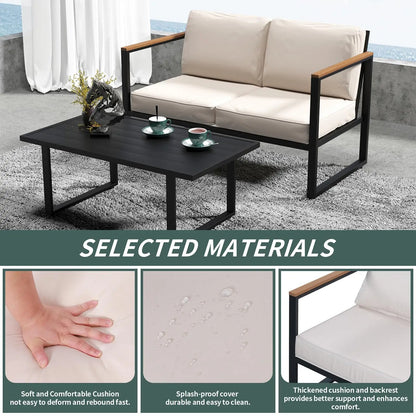 4-Piece Outdoor Patio Set, Metal Conversation Sofa with Washable Cushions, 2 Chairs & Coffee Table for Garden & Balcony
