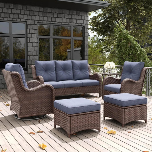 6-Piece Outdoor Patio Furniture Set – Rattan Wicker Sectional with Swivel Rocker Chairs & Ottomans