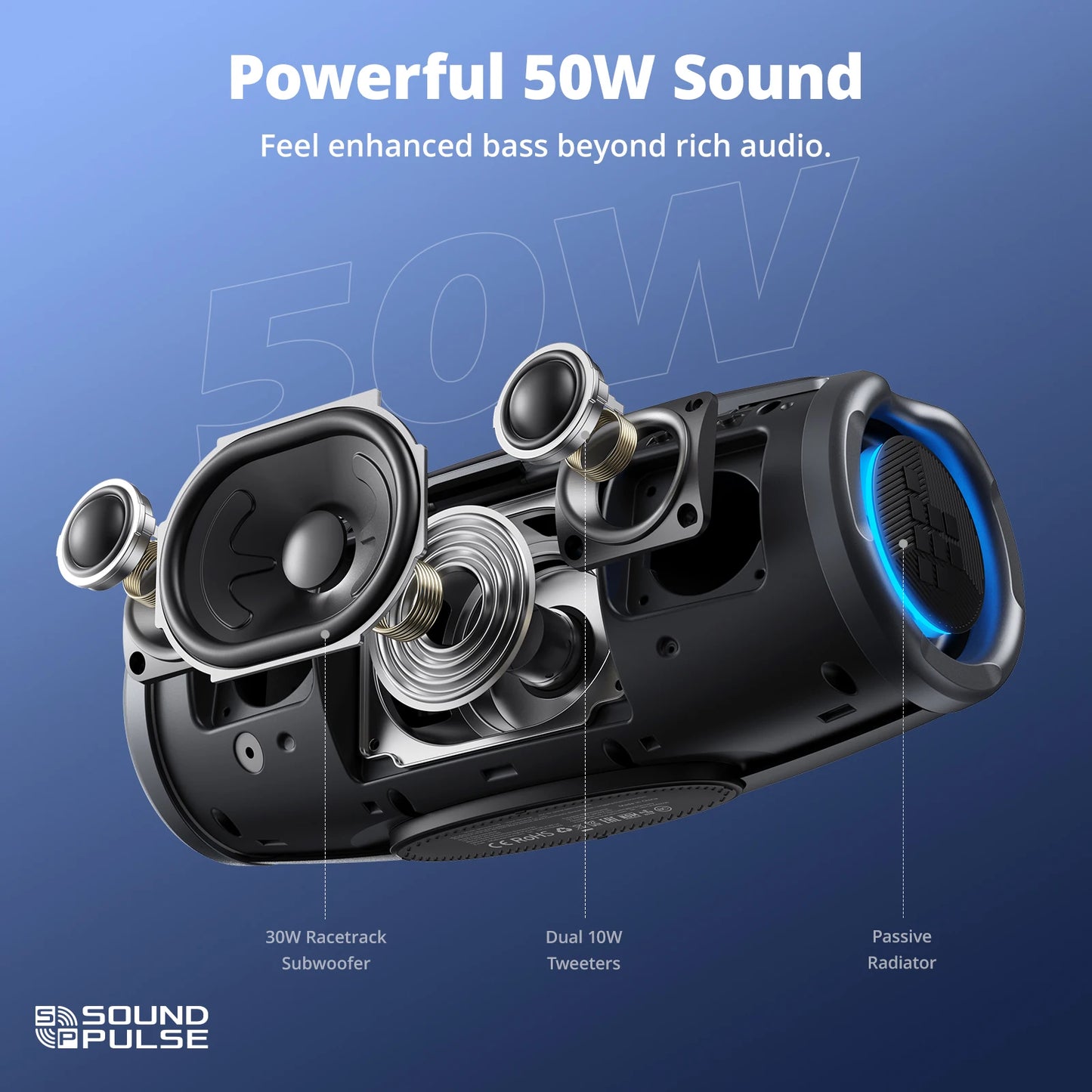 Tronsmart Mirtune S100 Bluetooth Speaker, 50W Powerful Sound, IPX7 Waterproof, Retractable Handle, Built-in Power Bank