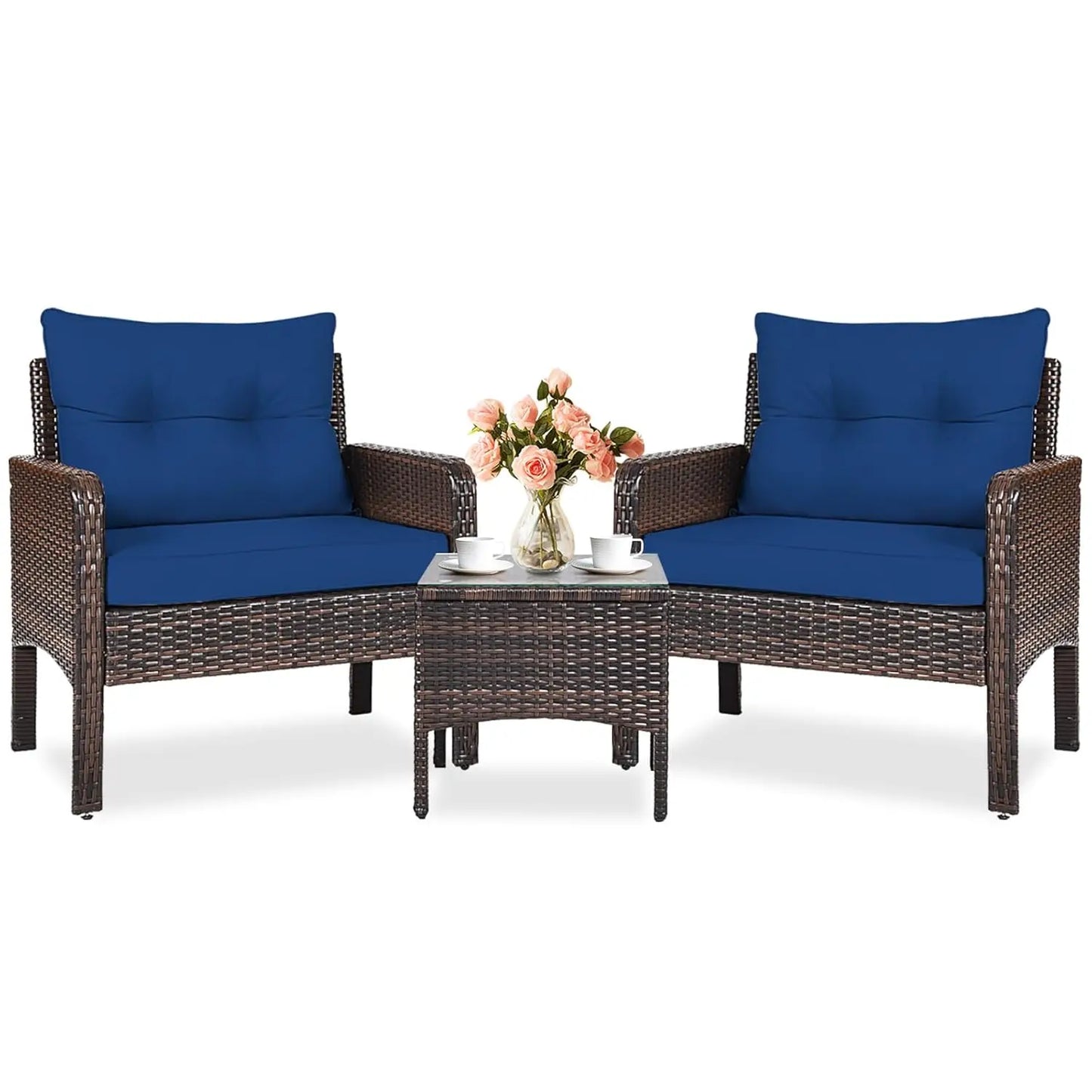 3-Piece Outdoor PE Rattan Bistro Set with Cushions, All-Weather Design