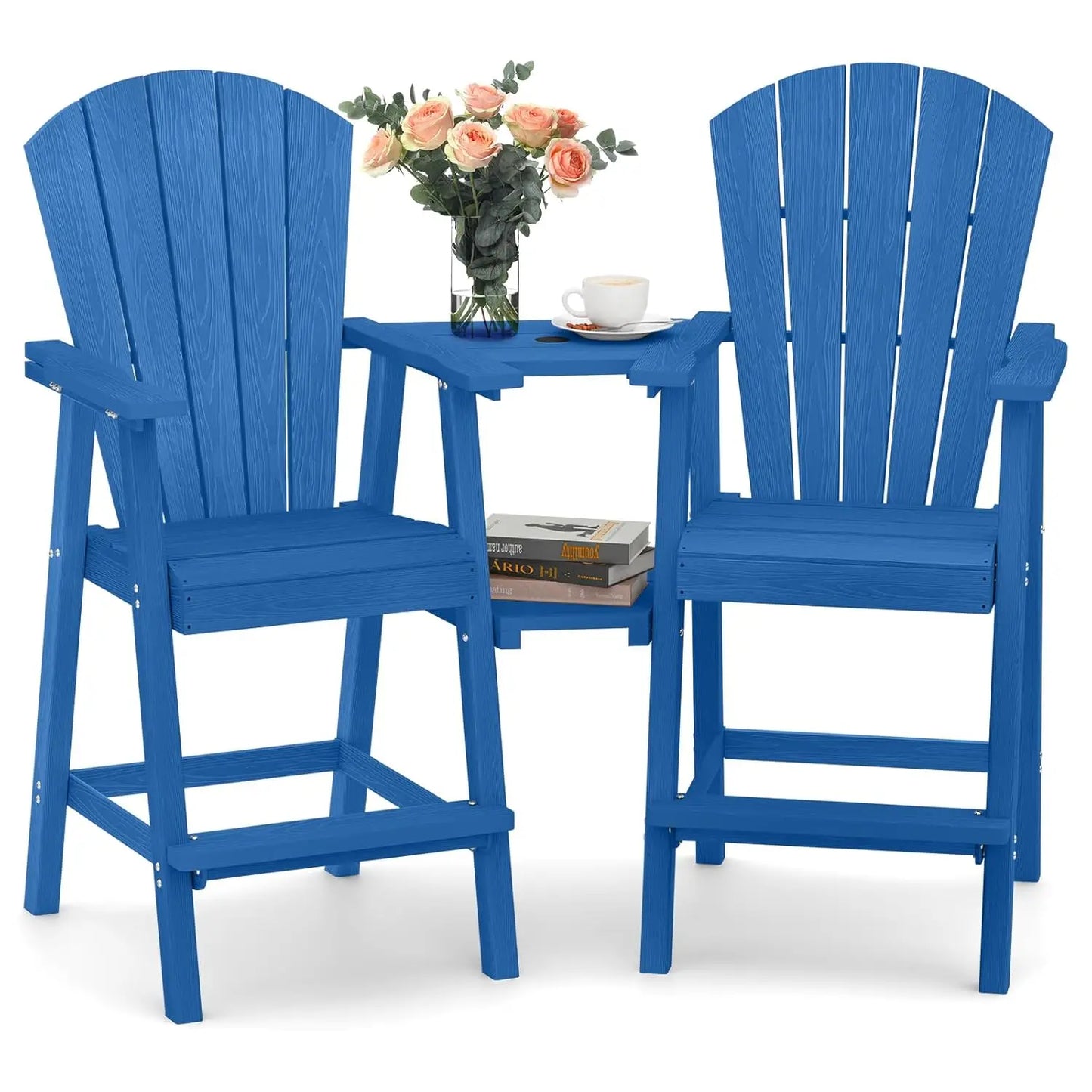 Set of 2 HDPE Tall Adirondack Chairs with Connecting Tray, All-Weather Design