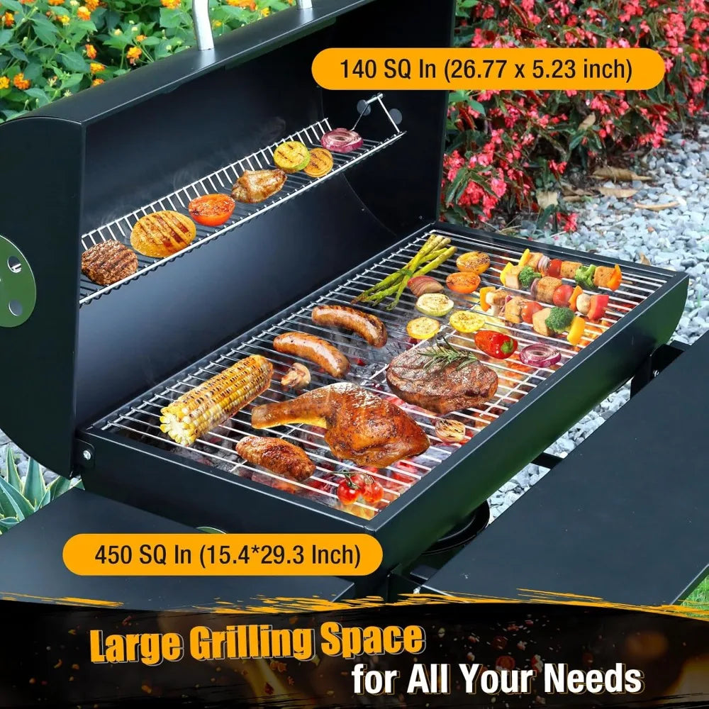 Luxury Barrel BBQ Grill & Smoker with Side Table for Backyard Cooking