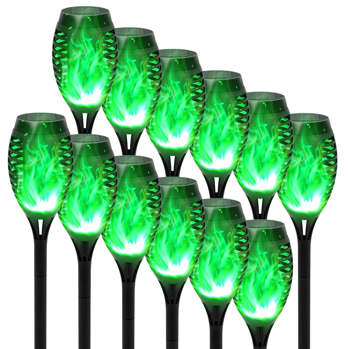 Green Solar Flame Light Outdoor with Flickering Flame, Waterproof, Lawn Ground Inserted Landscape for Garden, Decorations, Yard and Patio