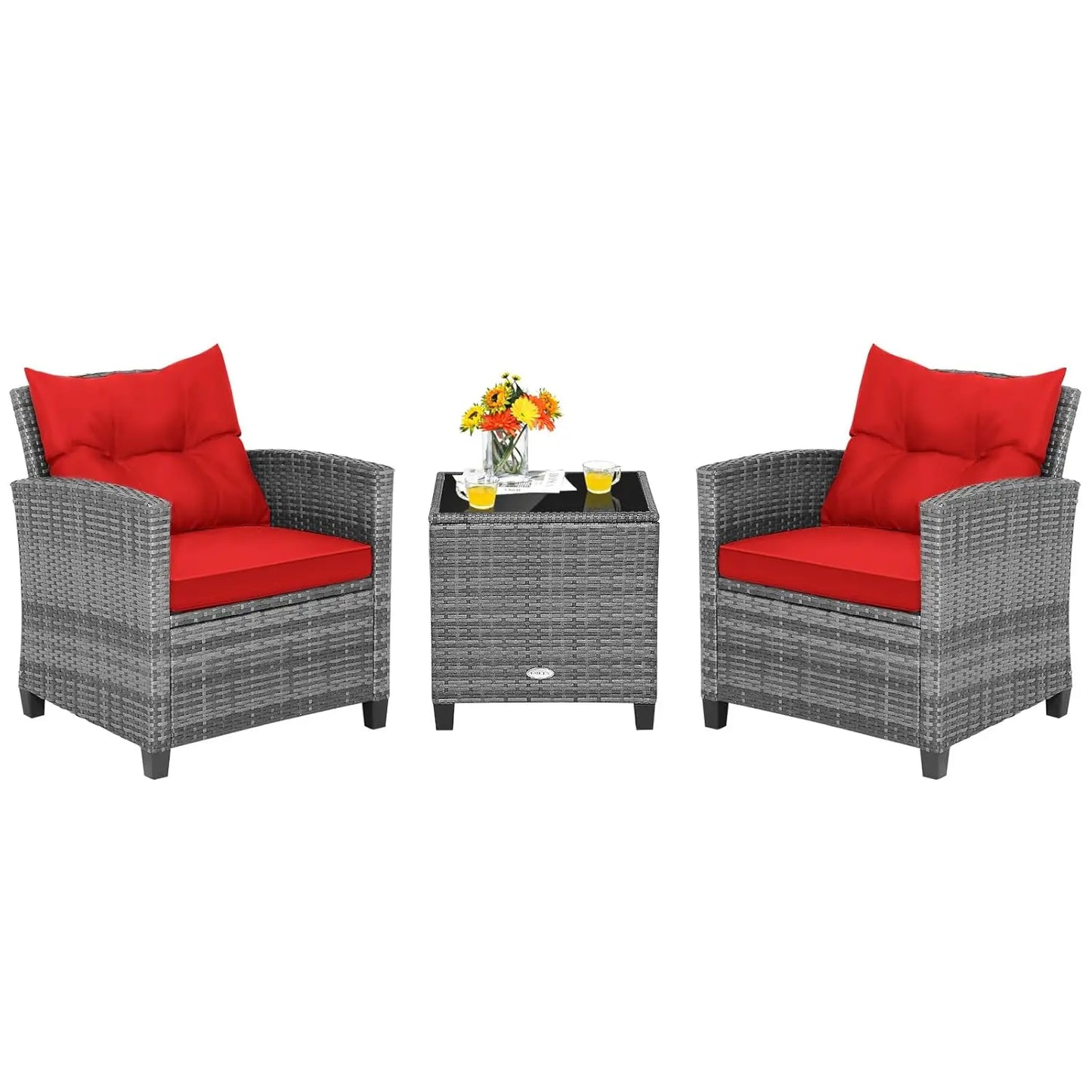 3-Piece Patio Furniture Set – PE Rattan Wicker Sofa Set with Washable Cushions & Tempered Glass Table