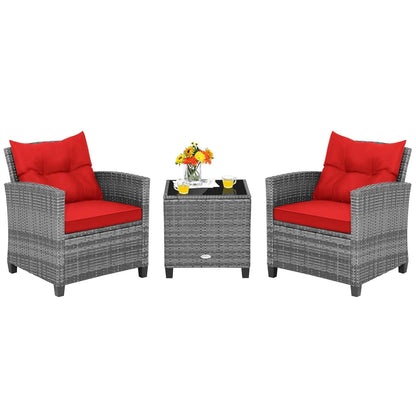 3-Piece Patio Furniture Set – PE Rattan Wicker Sofa Set with Washable Cushions & Tempered Glass Table