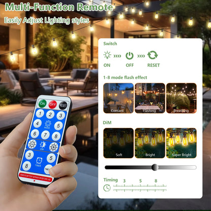 100 ft Solar Outdoor String Lights – IP65 Waterproof with Shatterproof E12 Bulbs, Remote & Timer