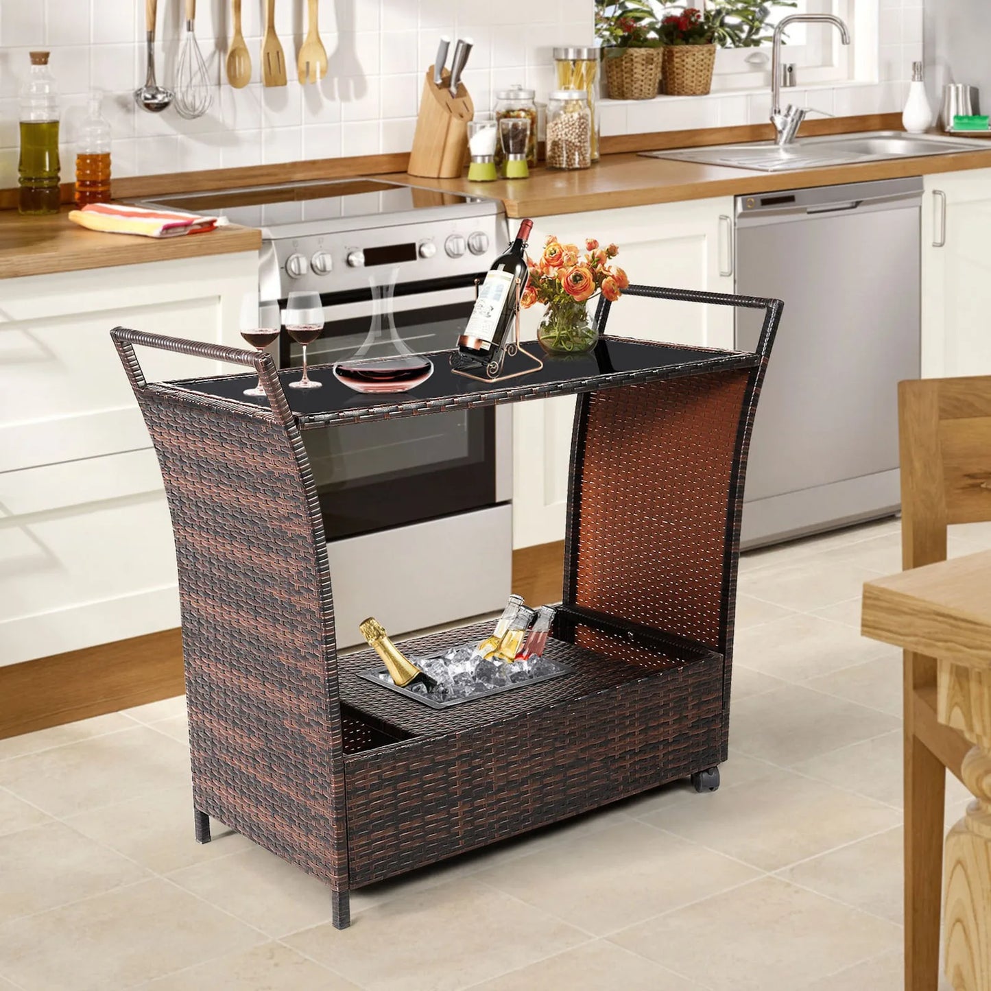 Rattan Patio Bar Cart- Beverage Bar Counter Table w/ Wheels & Ice Bucket