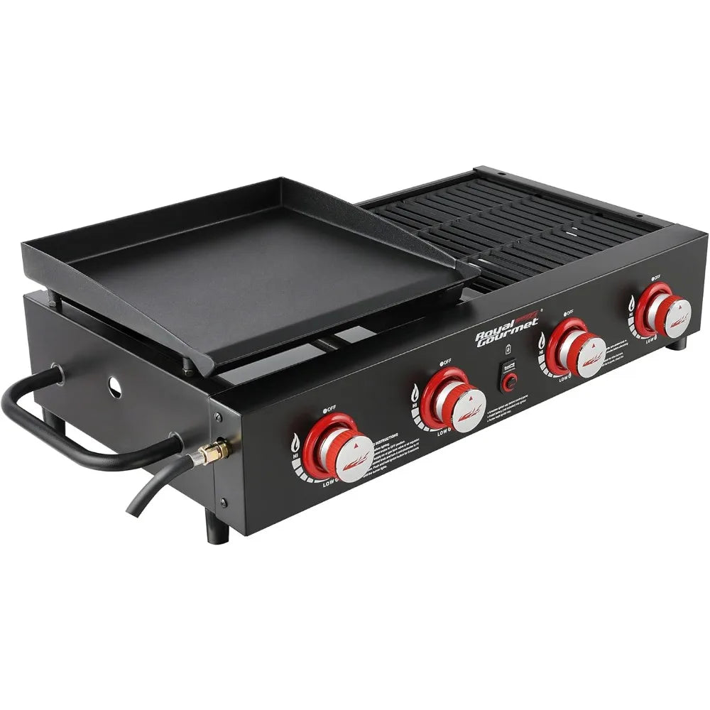 GD4002T 4-Burner Tailgater Grill and Griddle Combo, Portable Flat Top Propane Gas Grill with 40,000 BTUs Output for Backyard or Camping.