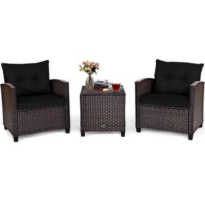 3-Piece Patio Furniture Set – PE Rattan Wicker Sofa Set with Washable Cushions & Tempered Glass Table
