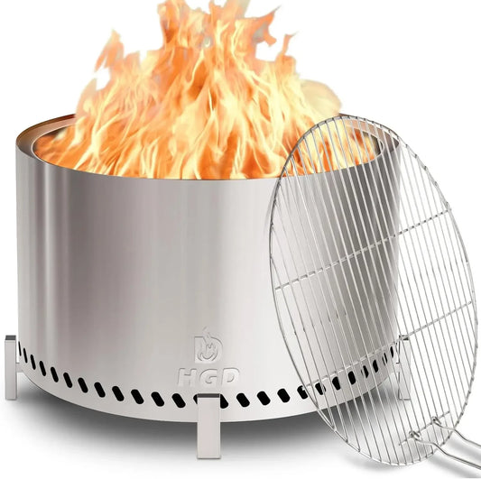 27.5" Smokeless Firepit with Stand & Grill Rack, Large Stainless Steel Wood Burning Fire Pit for Friends & Family Gatherings