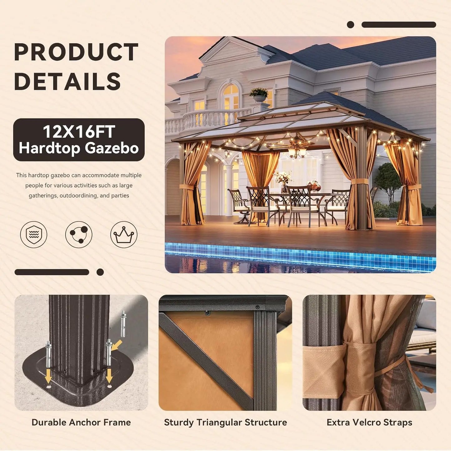 12'x16' Hardtop Gazebo, Outdoor Metal Gazebo with Double Polycarbonate Roof Canopy, Permanent Pavilion with Netting, Customized to Your Liking