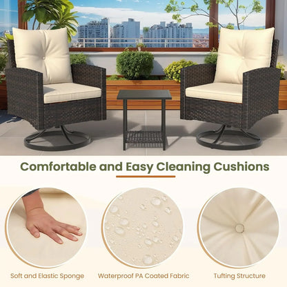 3-Piece Outdoor Patio Bistro Set, 360° Wicker Swivel Rocking Chairs with Side Table, Comfortable Outdoor Seating