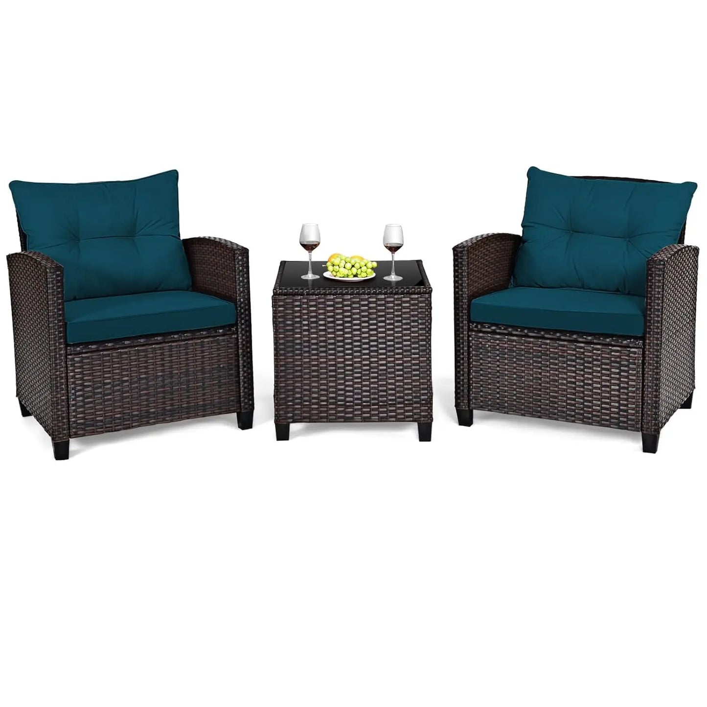 3-Piece Patio Furniture Set – PE Rattan Wicker Sofa Set with Washable Cushions & Tempered Glass Table