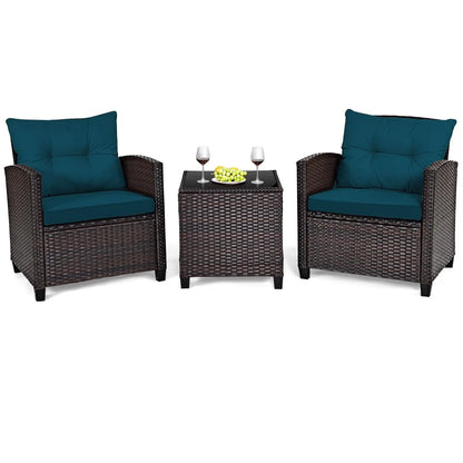 3-Piece Patio Furniture Set – PE Rattan Wicker Sofa Set with Washable Cushions & Tempered Glass Table