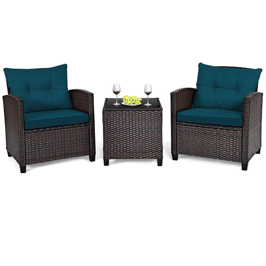 3-Piece Patio Furniture Set – PE Rattan Wicker Sofa Set with Washable Cushions & Tempered Glass Table