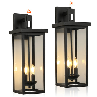 22" Outdoor Wall Lantern – Dusk-to-Dawn Sensor, Matte Black with Clear Glass Panels