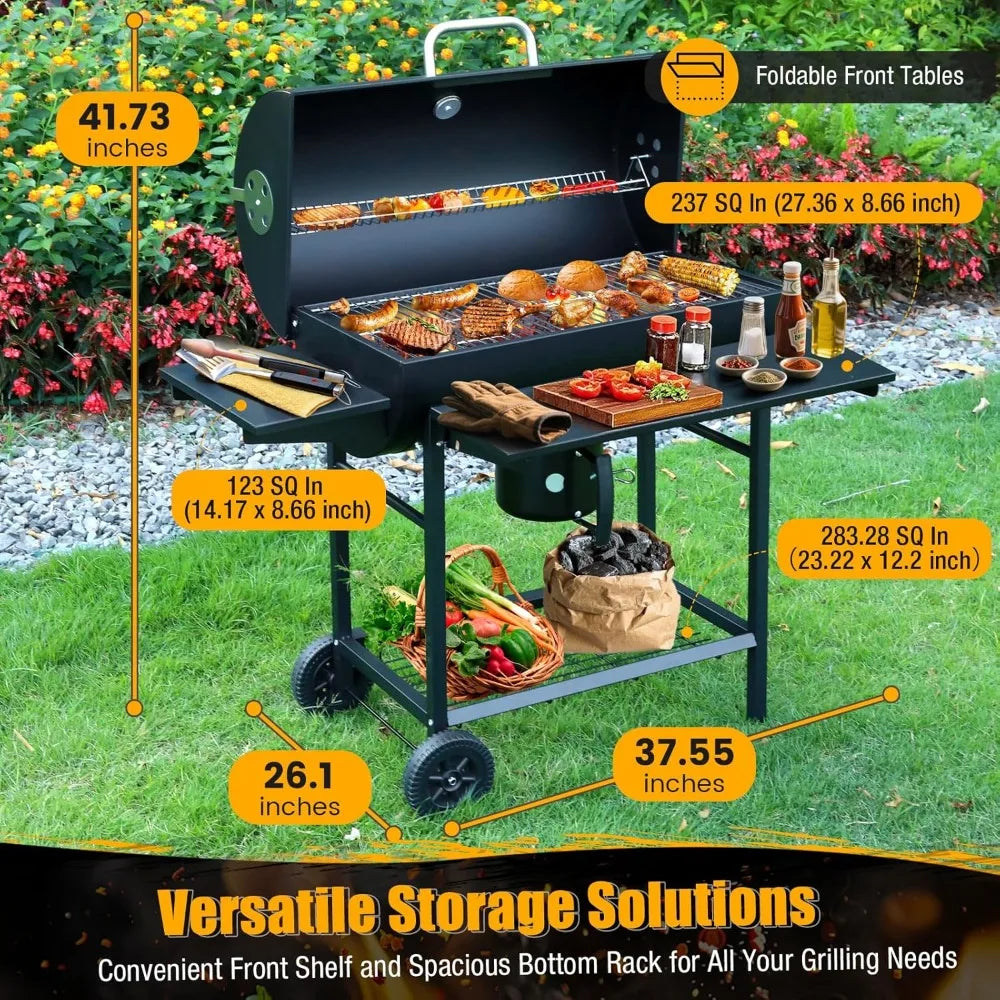 Luxury Barrel BBQ Grill & Smoker with Side Table for Backyard Cooking