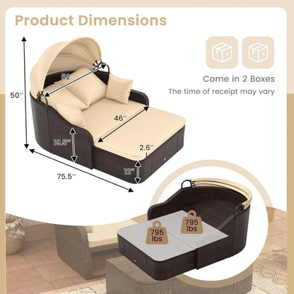 Outdoor Daybed with Retractable Canopy – PE Rattan Double Chaise Lounge with Pillows
