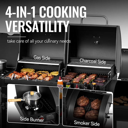 2-Burner Gas & Charcoal Grill Combo with Offset Smoker and Side Burner, 34,000 BTU, 1020 Sq. In. Cooking Area
